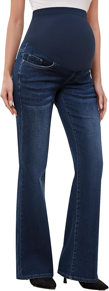GLAMIX Women's Stretch Maternity Bootcut Jeans with Pockets Over The Belly Bell Bottoms Flare Den... | Amazon (US)