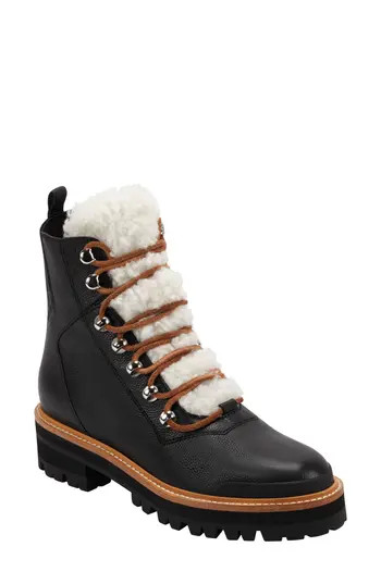 Marc Fisher LTD Izzie Genuine Shearling Lug Sole Boot in Black Leather at Nordstrom Rack, Size 9.5 | Nordstrom Rack