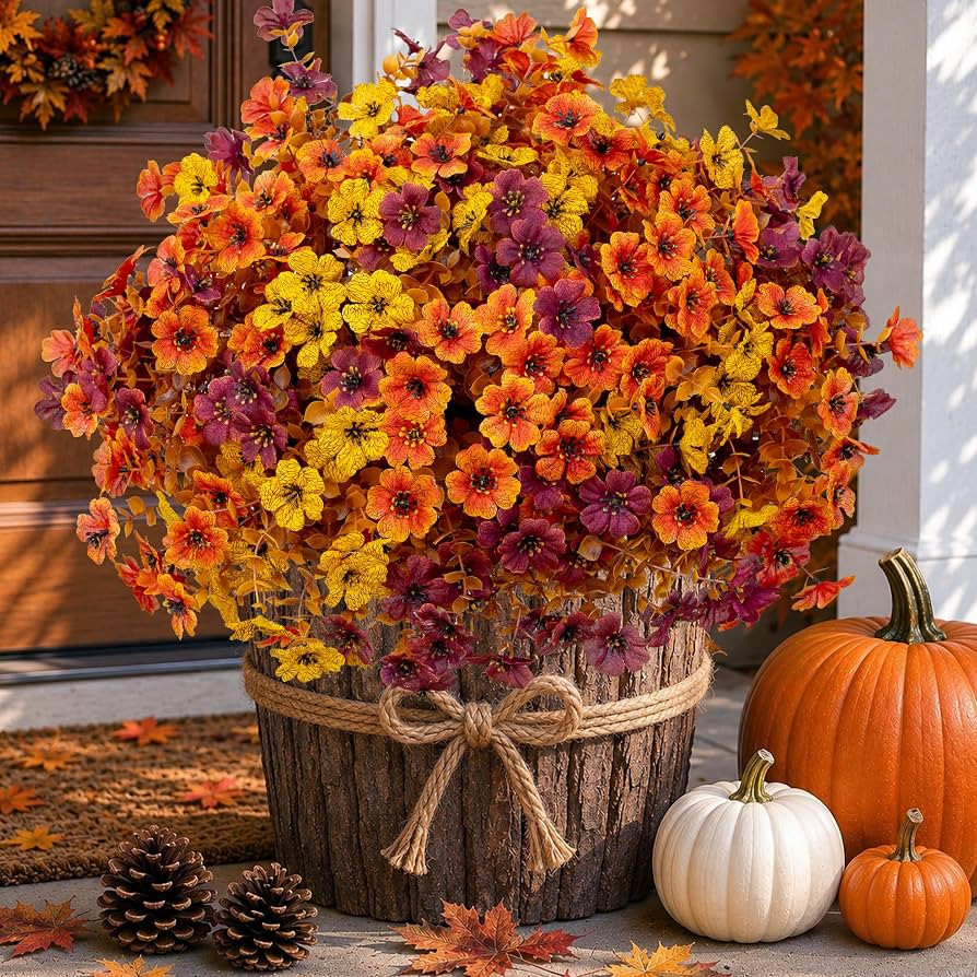AXYLEX Artificial Fall Flowers Outdoor Fake Mums Brown Orange Yellow | Amazon (US)