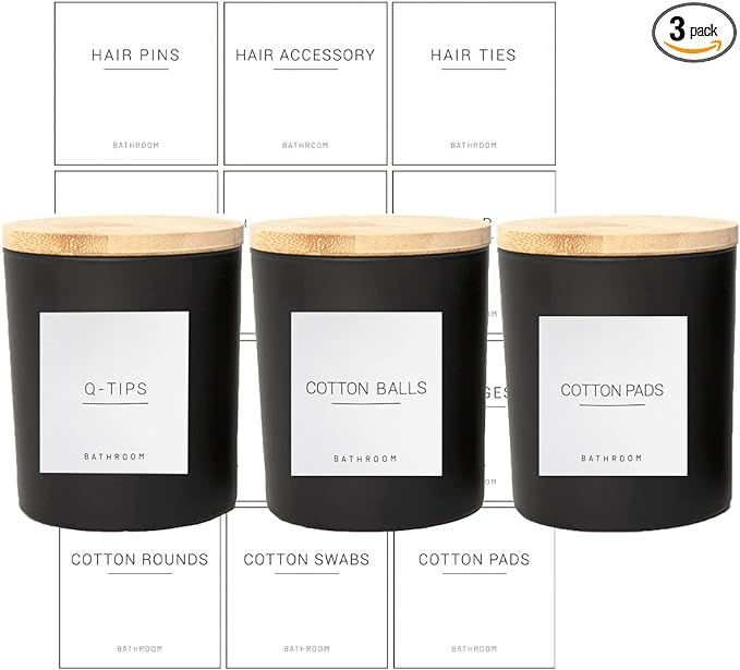 Ezebesta 3PCS Modern 13.53oz Black Bathroom Canisters with 12 Labels & Wooden Lid Thick Glass Jar... | Amazon (US)