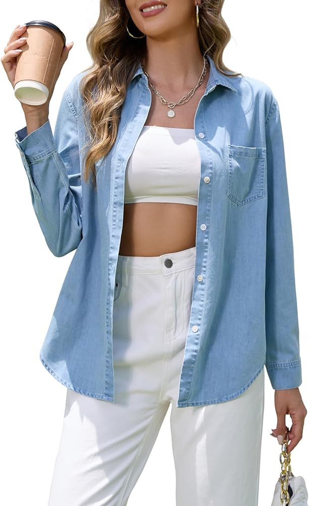 Denim Shirt Women Chambray Western Shirts Casual Long Sleeve Button Down Jean Tops | Amazon (US)