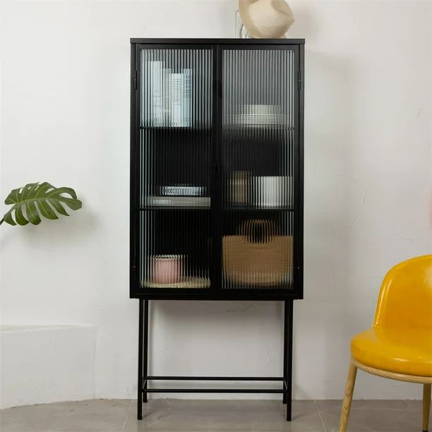 Retro Fluted Glass Storage Cabinet with Two Detachable Shelves, Dual Doors Corner Cabinet Buffet ... | Walmart (US)