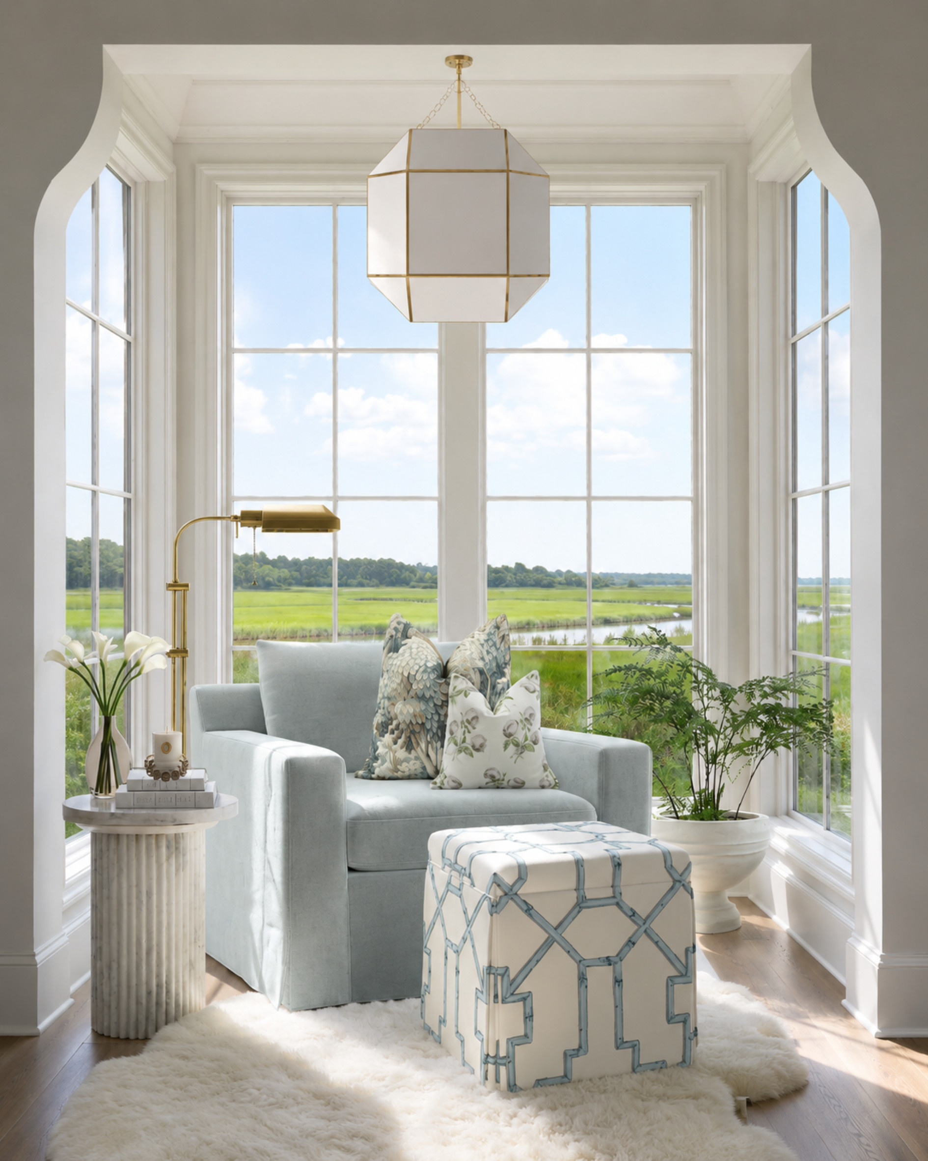 A dreamy window nook with a soft blue chair, patterned pillows, brass floor lamp, marble side table, cozy rug, and a garden view. Perfect inspiration for a reading nook, guest room sitting area, bedroom corner, or quiet little retreat at home.

I may receive a commission when you purchase through my links. 

 #LTKHome