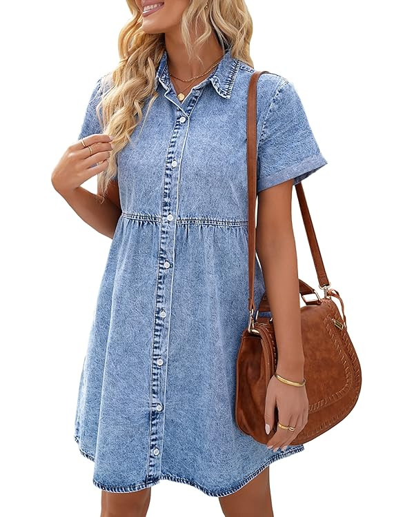 LookbookStore Women's Short Sleeve Button Down Flowy Tiered Babydoll Denim Dress | Amazon (US)