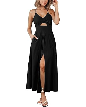 BTFBM Women 2026 Spaghetti Strap Midi Summer Dresses Sleeveless V Neck Cutout Slit Casual Beach P... | Amazon (US)