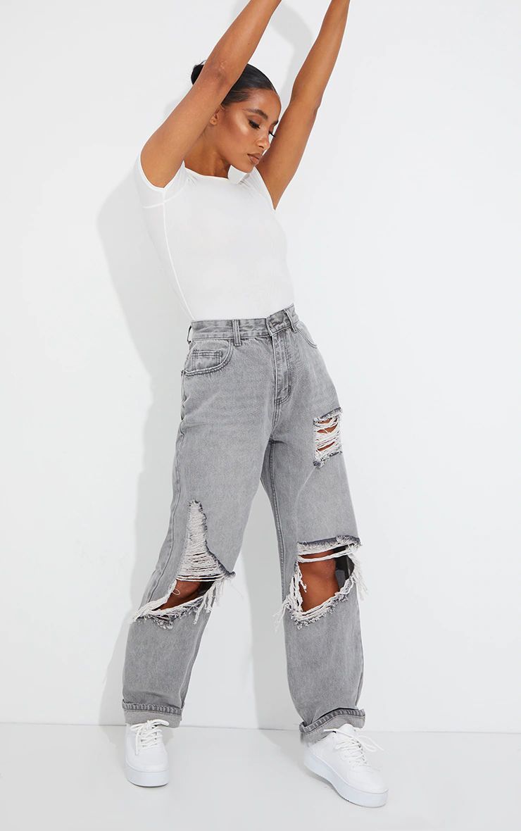 PRETTYLITTLETHING Washed Grey Open Knee Ripped Turn Up Boyfriend Jeans | PrettyLittleThing US