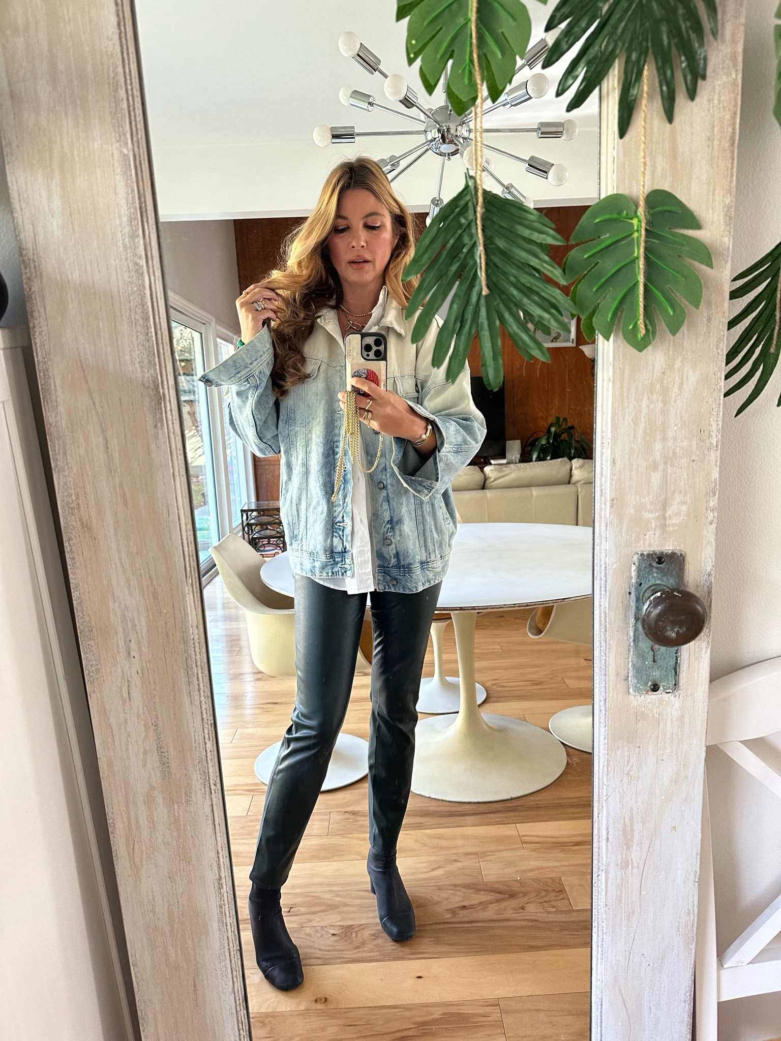 Jean jacket, faux leather pants, green pants, sock booties, white button down 

Easy almost winter style🌞
Jacket: medium (oversized)
Pants: 28
Shirt: men’s medium and on sale…I have at least 7 of these! 

#LTKCyberweek #LTKSeasonal #LTKsalealert