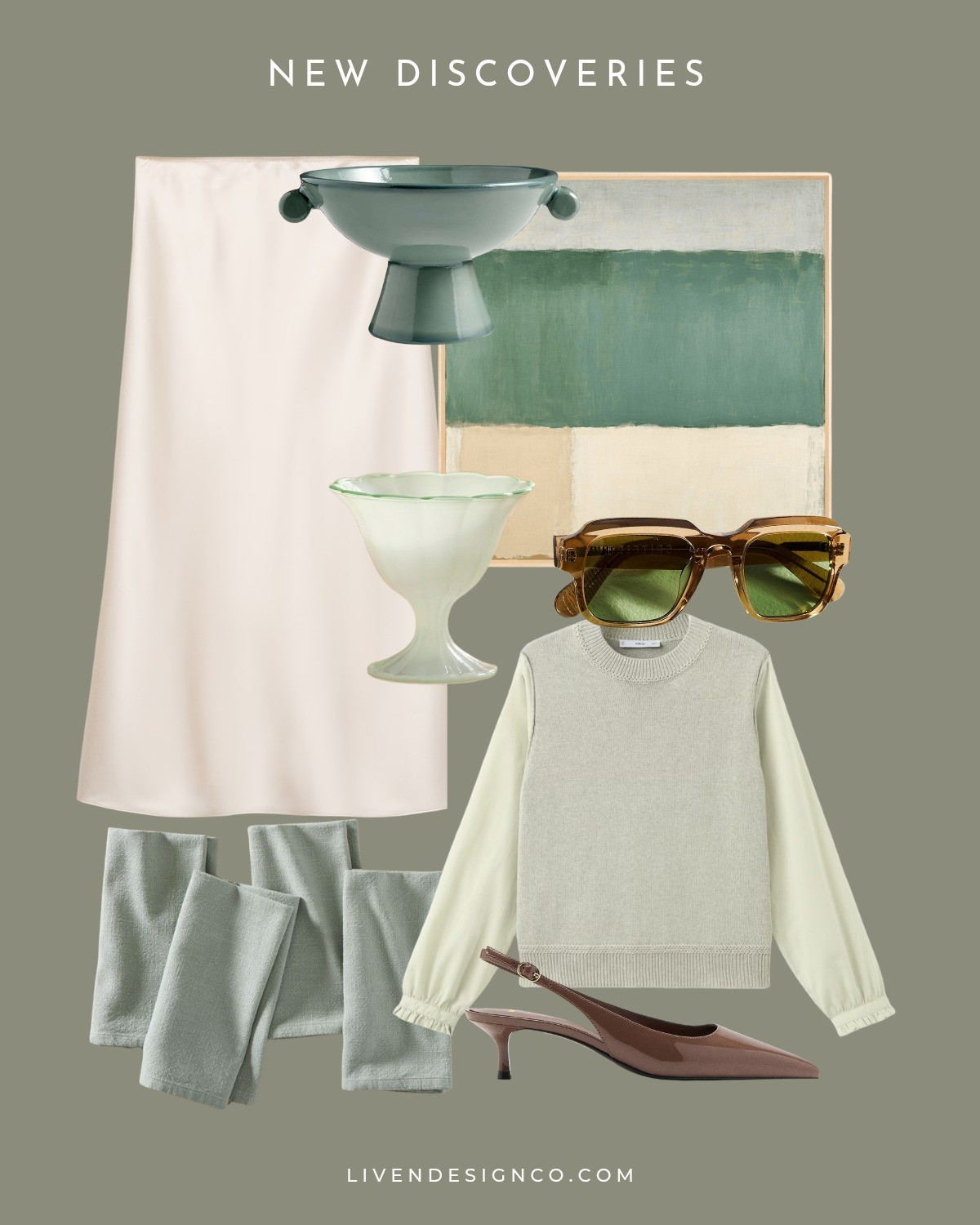 New discoveries. Spring style. Satin midi skirt. Abstract modern art. Pedestal bowl. Cloth napkins. Mint green. Sunglasses. Dessert glasses. Patent kitten heel slingbacks

#LTKSeasonal #LTKHome #LTKSpringSale