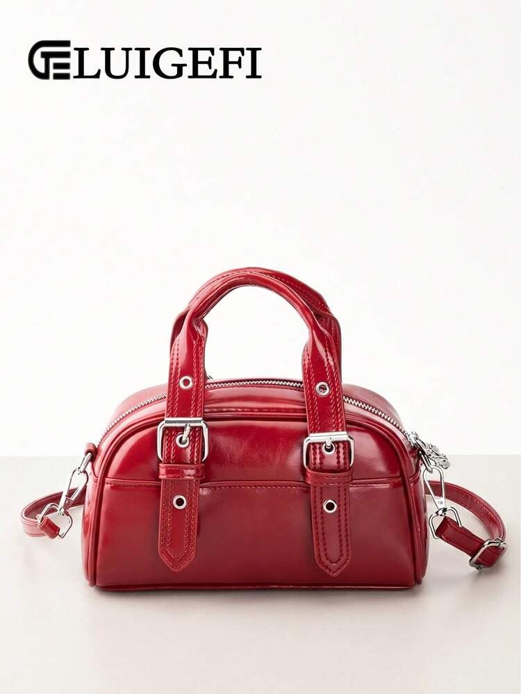Burgundy Patchwork PU Material Bowling Bag For Women, Adjustable Double Handles, Metal Grommet De... | SHEIN