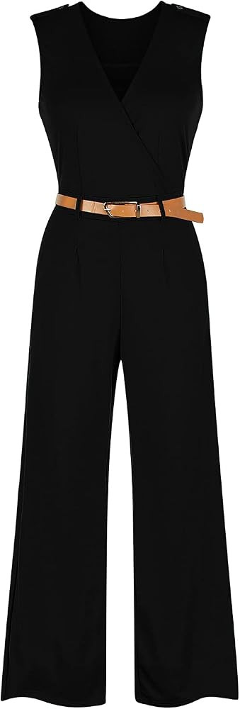 Pink Queen Women's Button Up Printed Long Wide Leg Pant Party Jumpsuits with Belt | Amazon (US)