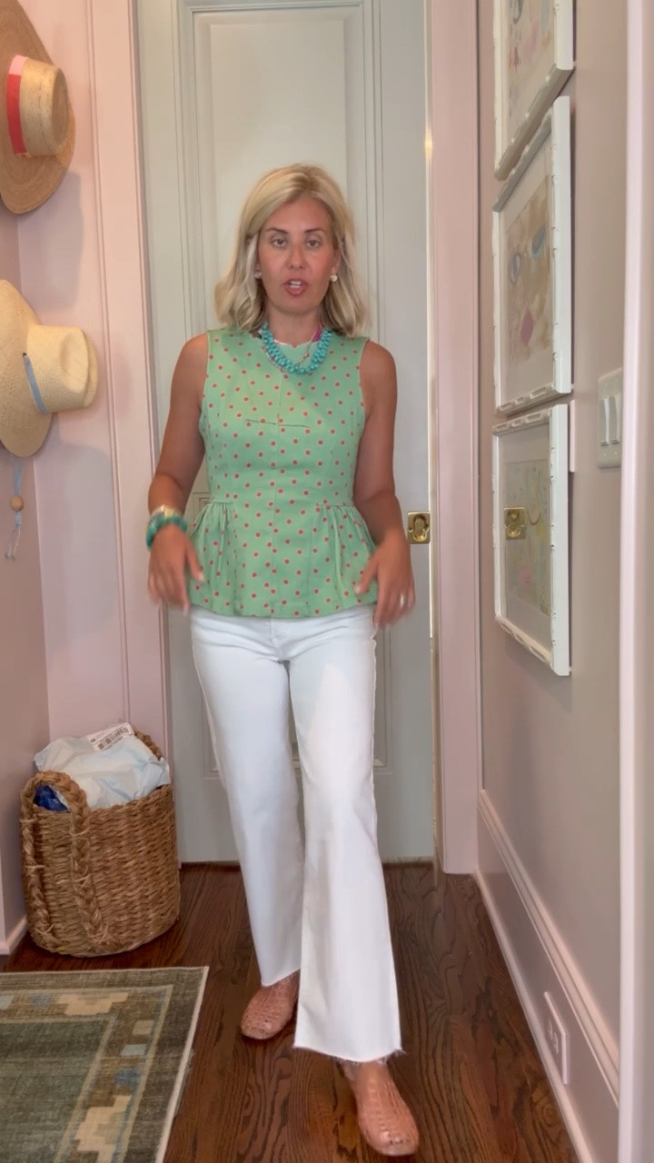 Obsessed with this top and white jeans. I’m in small top & 25 jeans and 8 sandals tts. 
*Code - Catherine20 at Allie + Bess

#LTKdayinmylife #LTKootd #LTKmomlife