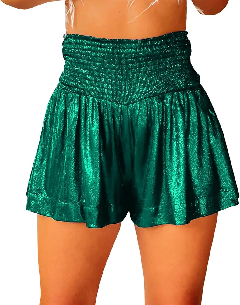 GUOLEZEEV Women Sequin Shorts Smocked High Waisted Flowy Shorts Glitter Sparkly Metallic Shorts | Amazon (US)