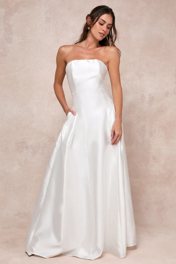 Pristine Love White Taffeta Strapless Maxi Dress With Pockets | Lulus