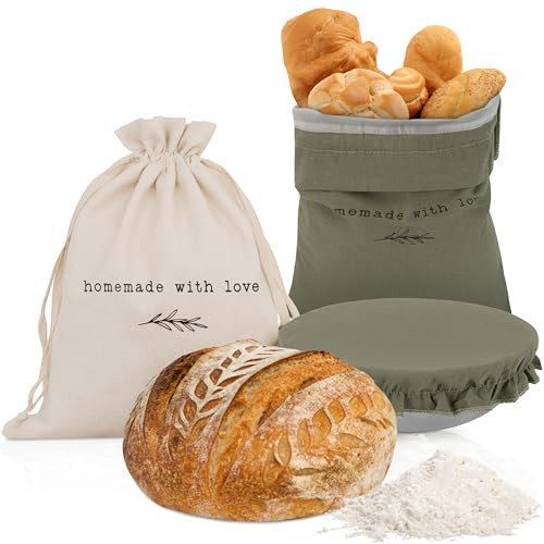KIBAGA Beautiful Linen Bread Bag Set and Proofing Cover For Homemade Sourdough Bread - Keeps Your... | Amazon (US)