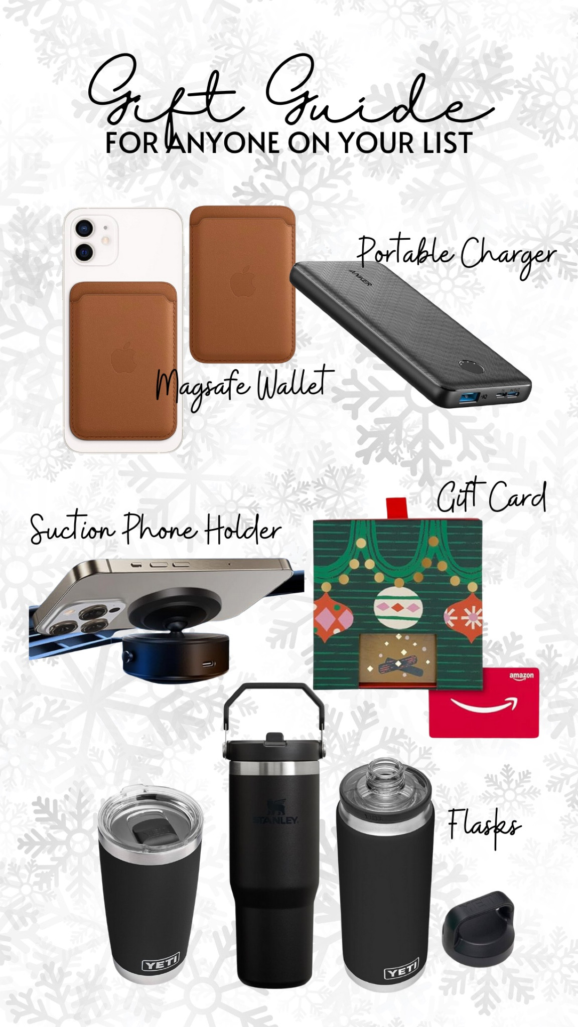 Gift ideas for anyone on your list! 
Him and her gifts!
Apple wallet, charger, and suction holder for phone. 
You can’t go wrong with an Amazon gift card.
And any kind of flask!

#LTKFindsUnder50 #LTKGiftGuide #LTKHoliday