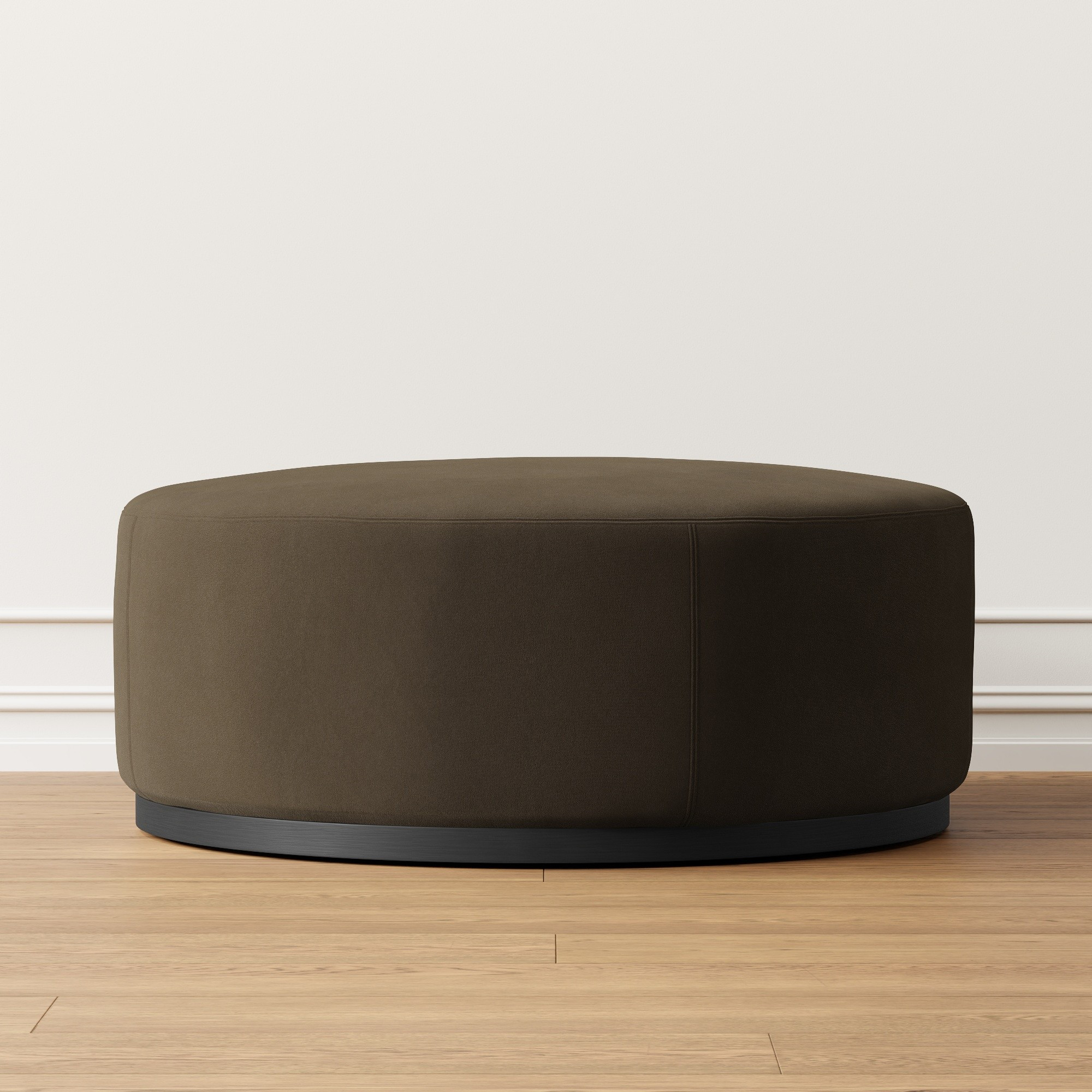 Robertson Round Ottoman, Standard, Performance Velvet Blend, Cafe Brown, Ebony | Williams-Sonoma