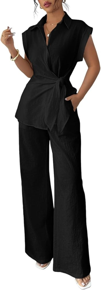 Women's Going Out Two Piece Sets Cap Sleeve Tie Waist Button Down Shirt Wide Leg Pants Dressy Cas... | Amazon (US)