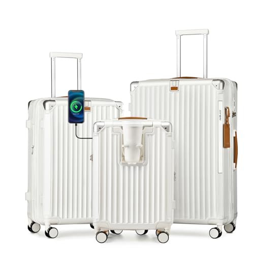 Joyway Carry On Luggage Sets 3 Piece, Expandable Suitcase Set with Smart Luggage Cup Holder and USB Port, Hardside Luggage with TSA Lock Spinner Double Wheels, White, 20/24/28 Inch | Amazon (US)