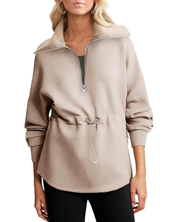 Dokotoo Womens Oversized Sweatshirts Half Zip Drawstring Waist Long Sleeve Side Slits Casual Pull... | Amazon (US)
