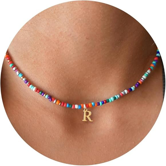Yoosteel Colorful Beaded Initial Necklaces for Girls Easter Gifts - Cute Initial Choker Necklaces... | Amazon (US)