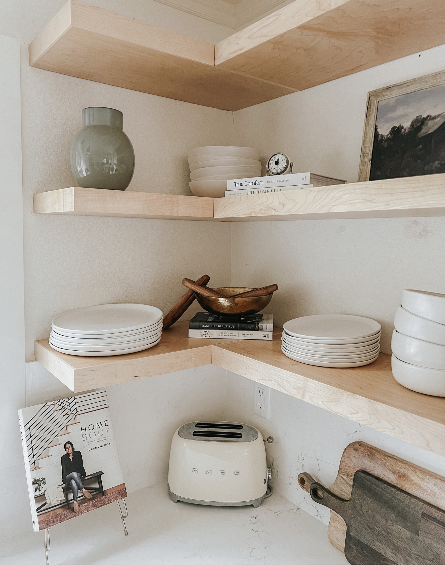 Corner kitchen shelf styling. Neutral home decor, spring home decor, white kitchen, modern farmhouse, wood accents, Target finds 

#LTKunder100 #LTKhome #LTKstyletip