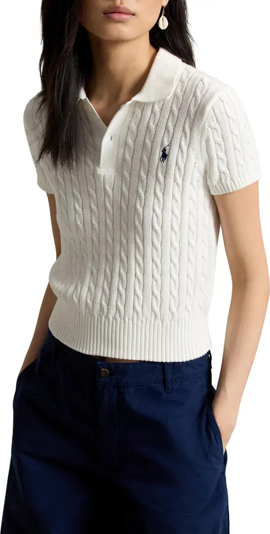 Cable Knit Crop Cotton Polo Sweater | Nordstrom