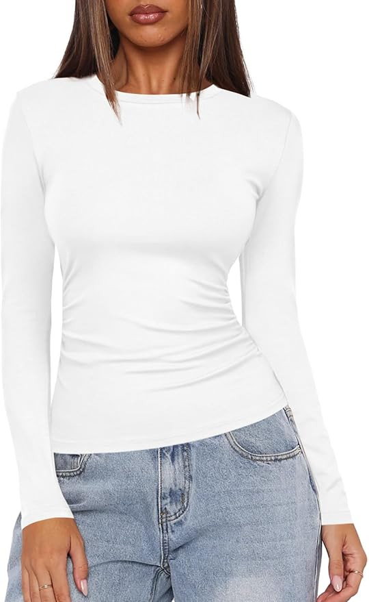 Darong Women's Long Sleeve Crew Neck Shirts Fall Basic Casual Ruched Side Slim Fit T Shirts Tee T... | Amazon (US)