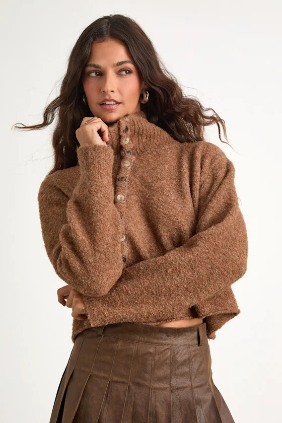 Button Way Marled Brown Turtleneck Cardigan Sweater | Lulus