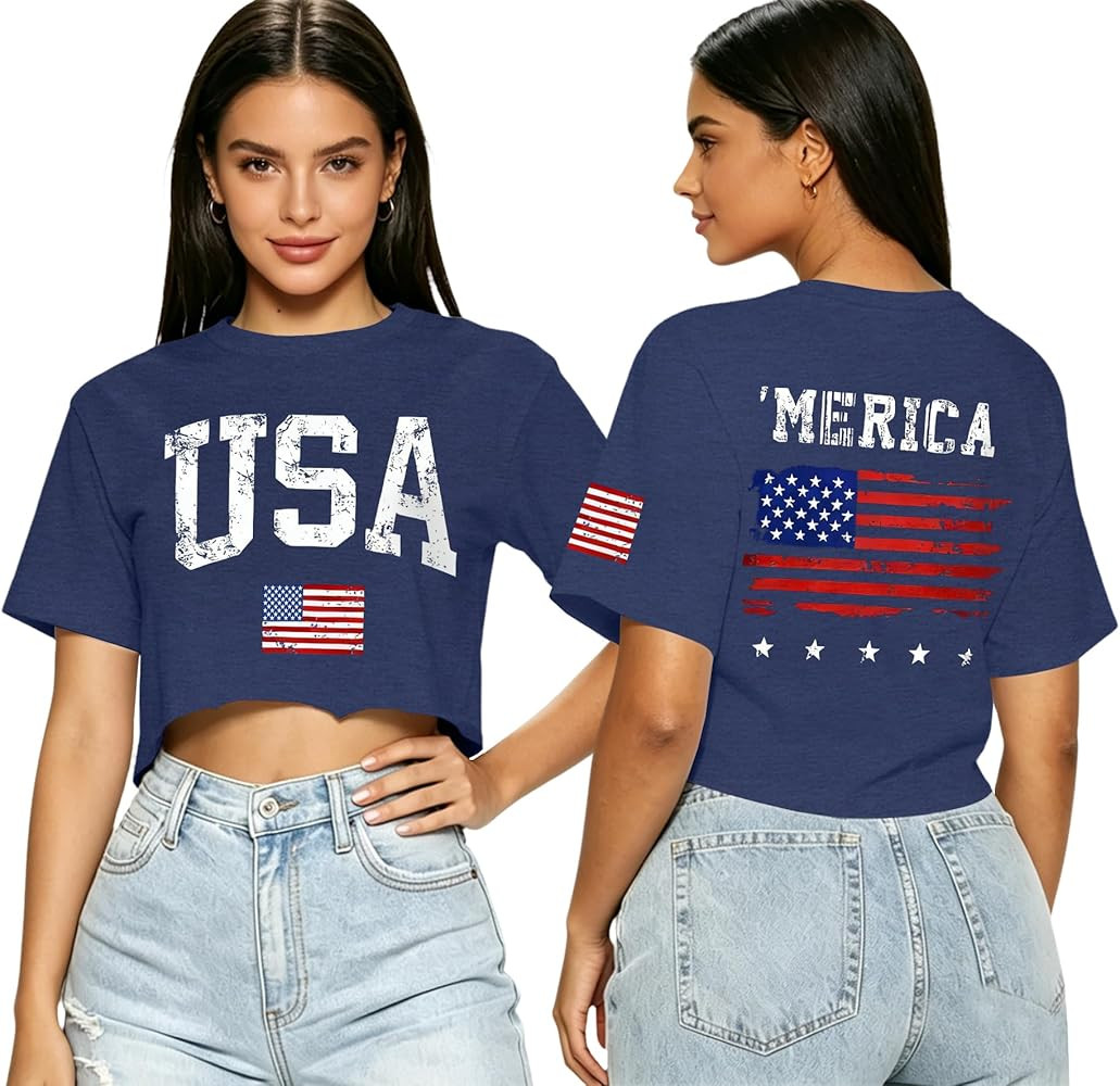 hohololo USA Crop Tops Women 4th of July Shirts Patriotic Shirt American Flag Tee Memorial Day Ts... | Amazon (US)