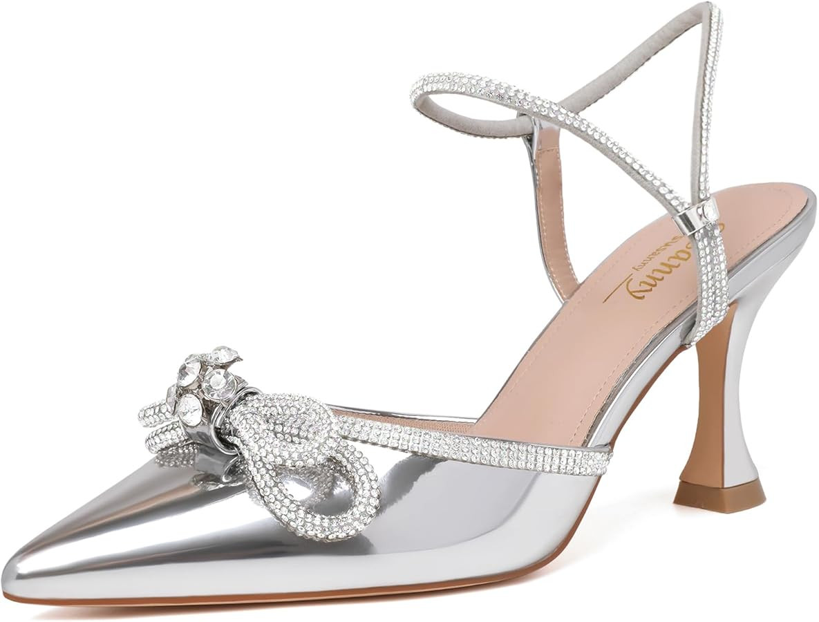 Susanny Women's Closed Toe Rhinstone Wedding Low Heel Slingback Clear Kitten Heels,Adjustable Str... | Amazon (US)