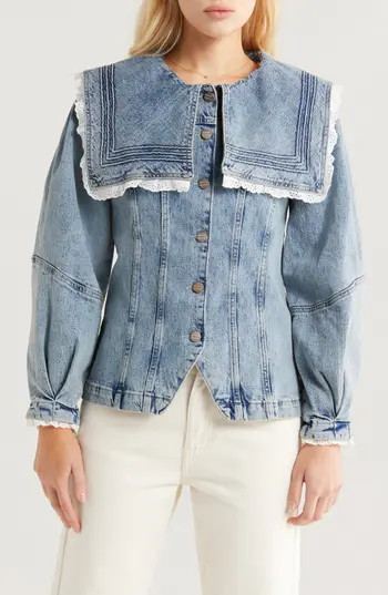Damson Madder Broderie Anglaise Ruffle Sailor Denim Jacket in Blue at Nordstrom Rack, Size 4 Us / 8 Uk | Nordstrom Rack