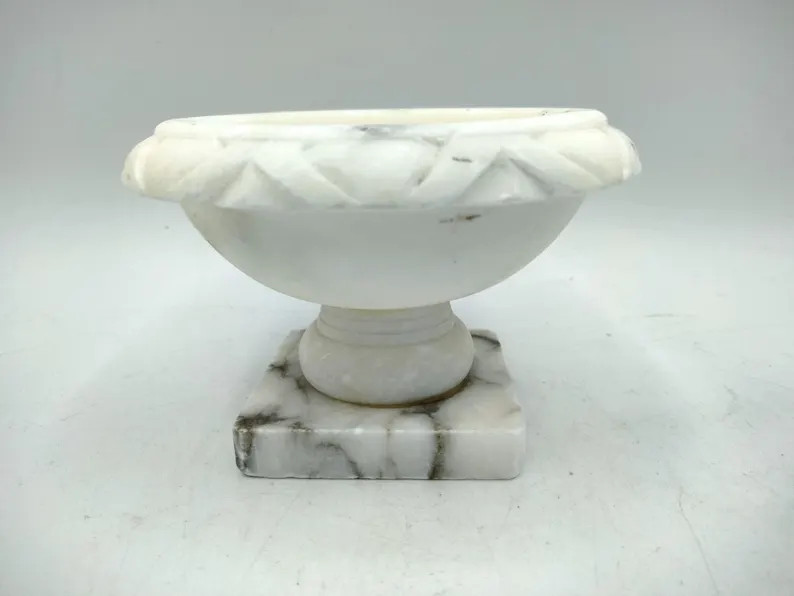 Alabaster Bird Bath 2.5hx3.5w, Vintage Hand Carved Stone Pedestal Bowl, No Doves, White W/ Black ... | Etsy (US)
