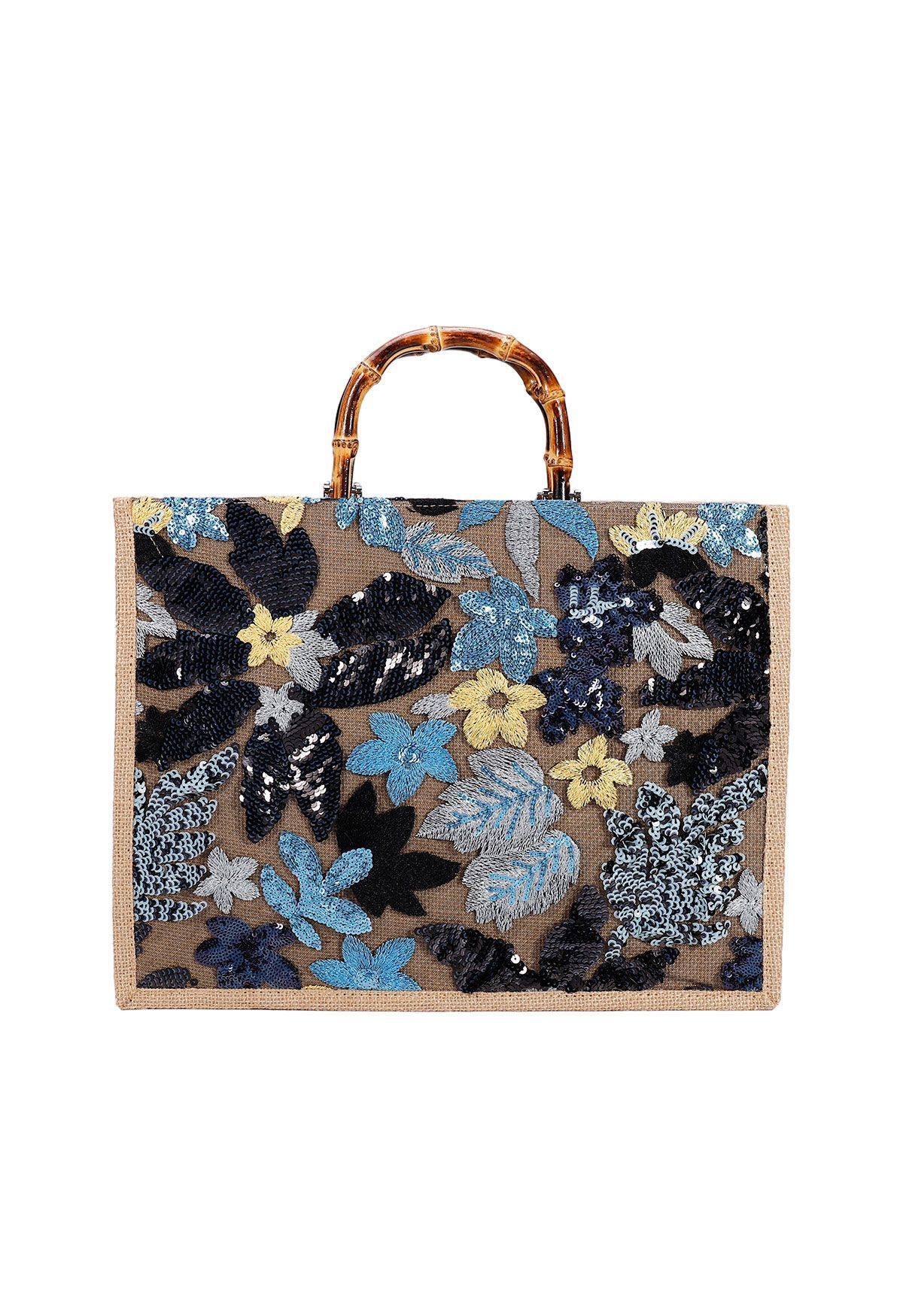 Sequin Floral Embroidered Bamboo Handle Tote Bag in Blue | Chicwish