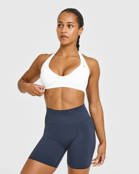 Effortless Seamless Halter Neck Sports Bra with White Logo 
 White | Oner Active (UK / US)