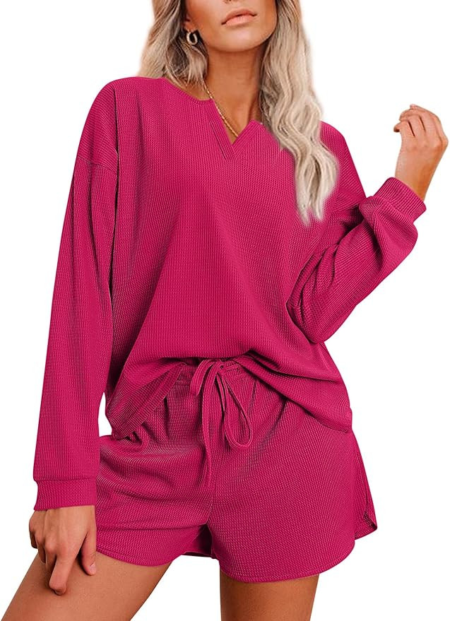Ekouaer Pajama Set for Women Waffle Knit Lounge Sets Long Sleeve Top and Shorts Matching Loungewe... | Amazon (US)