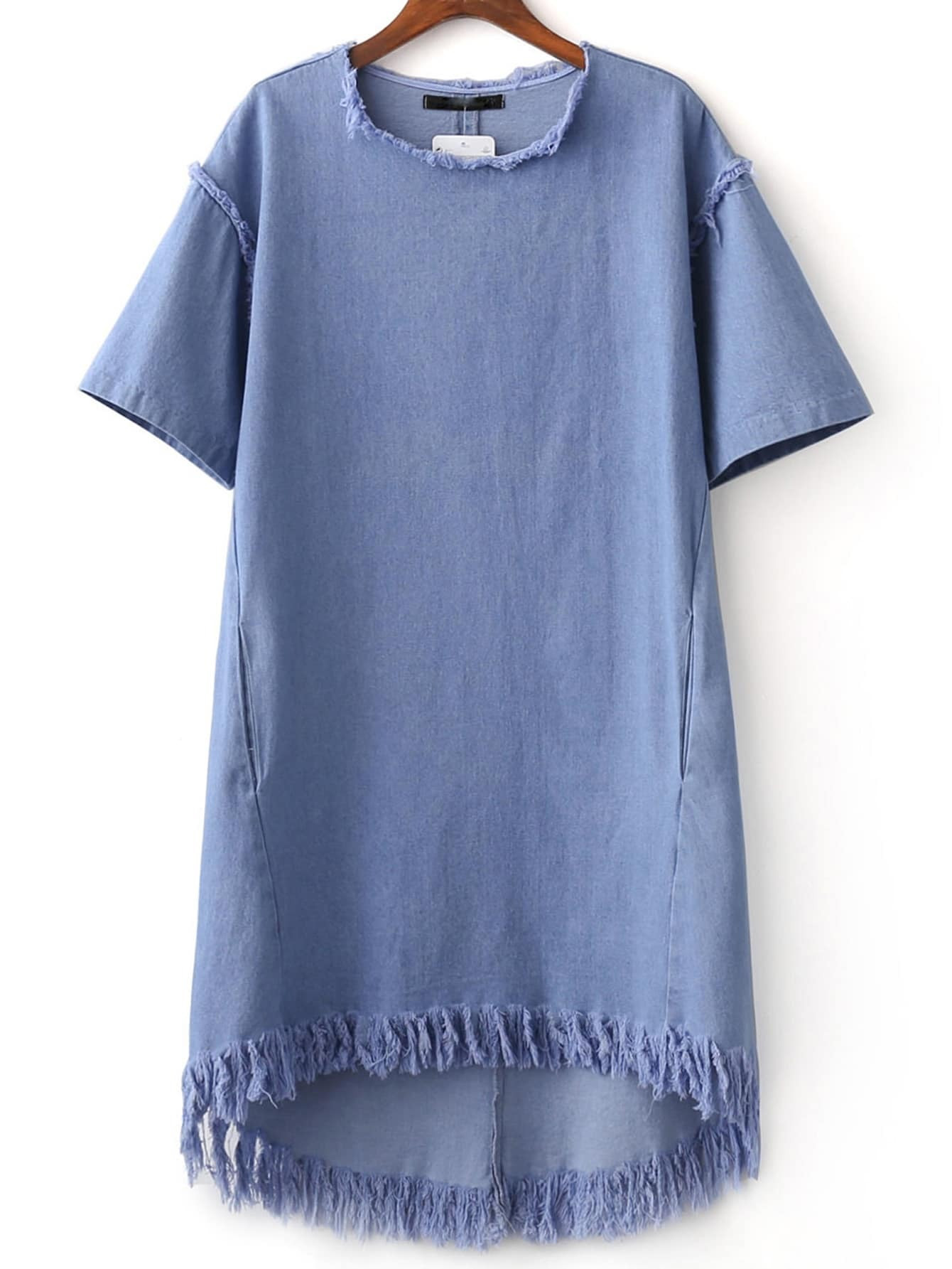 Blue Crew Neck Tassel Denim Dress | SHEIN