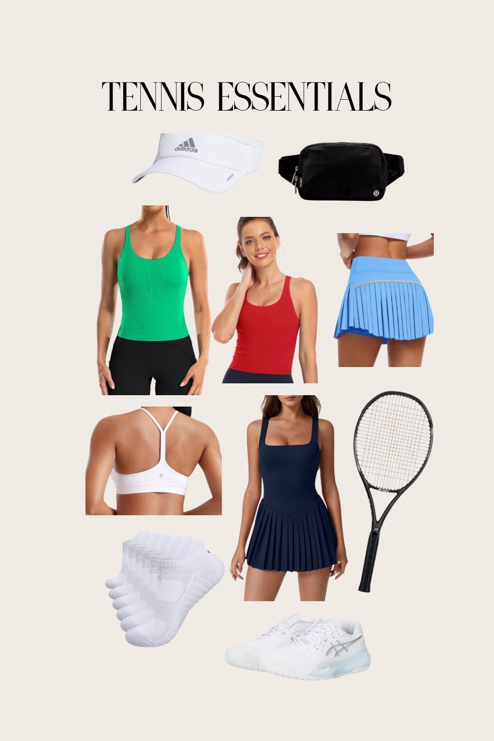 Tennis essentials 

Tennis sneakers 
White sneakers 
Sports bra
Tennis racquet 
Tennis dress - I like to pair with the sports bra 
Tennis skirtt

#LTKFindsUnder50 #LTKShoeCrush #LTKActive