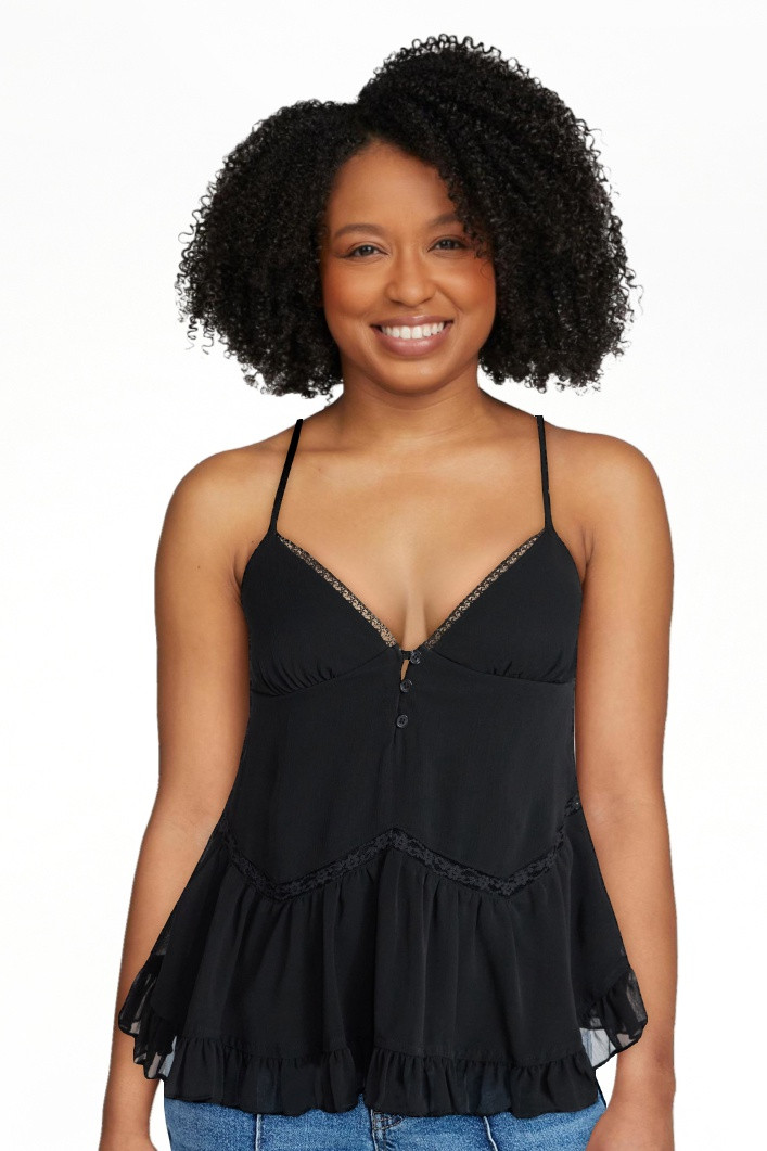 No Boundaries Button Front Ruffle Lace Trim Cami Top, Women's XXS-XXL | Walmart (US)