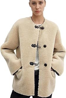 Yioaga Faux Fur Effect Coat Women Round Neck Oversized Long Sleeve Warm Sherpa Jacket with Appliques | Amazon (US)