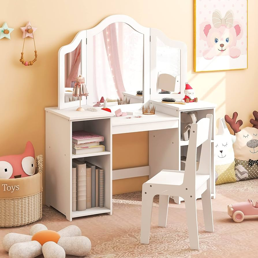 Costzon Kids Vanity, 2 in 1 Princess Makeup Desk & Chair Set with Detachable Tri-Folding Mirror, ... | Amazon (US)