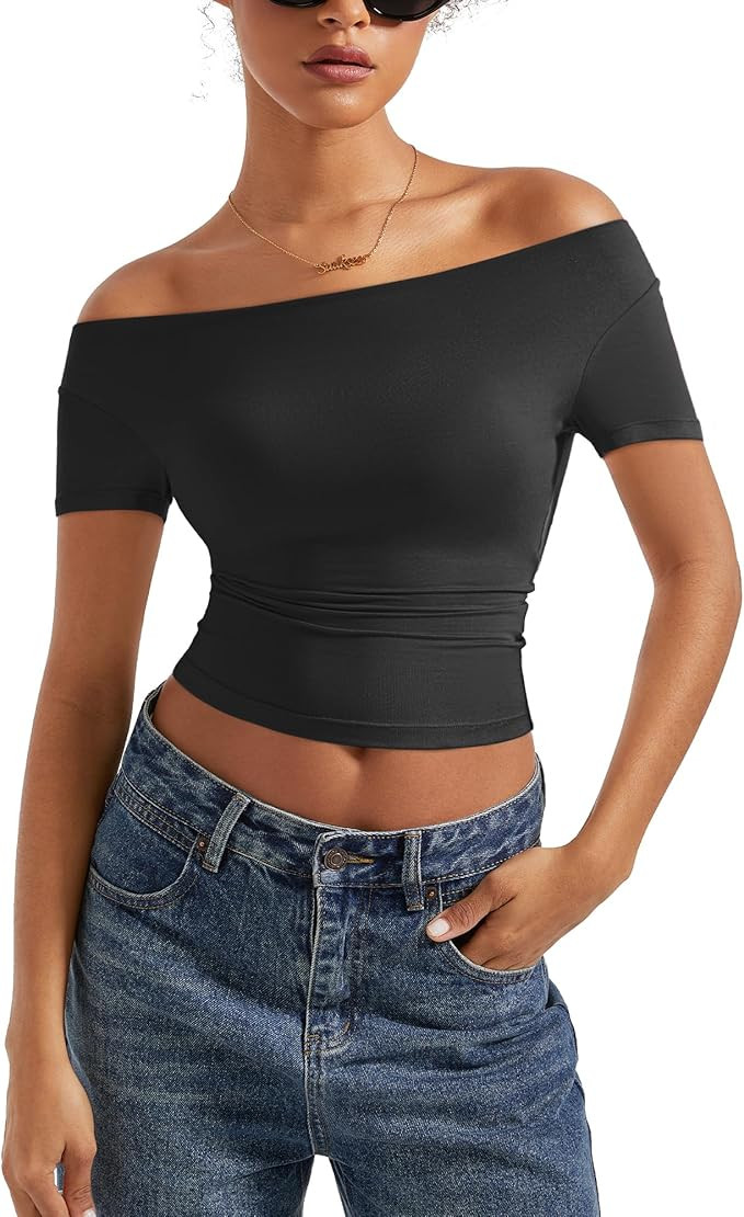SUUKSESS Women Off The Shoulder Short Sleeve Tops Trendy Cowl Neck Going Out Basic T Shirt | Amazon (US)