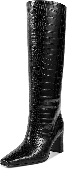 wetkiss Straight Leg Knee High Boots for Women Regular Calf Friendly Square Toe Faux Leather Croc... | Amazon (US)