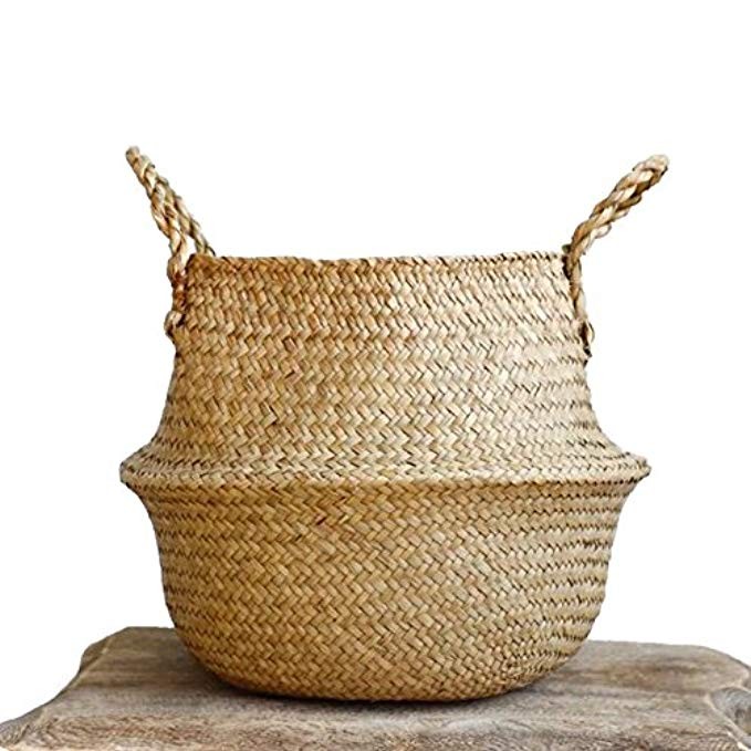 Natural Seagrass Belly Basket with Handles, Large Storage Laundry Basket (12.6“ Diameter x 11" Heigh | Amazon (US)