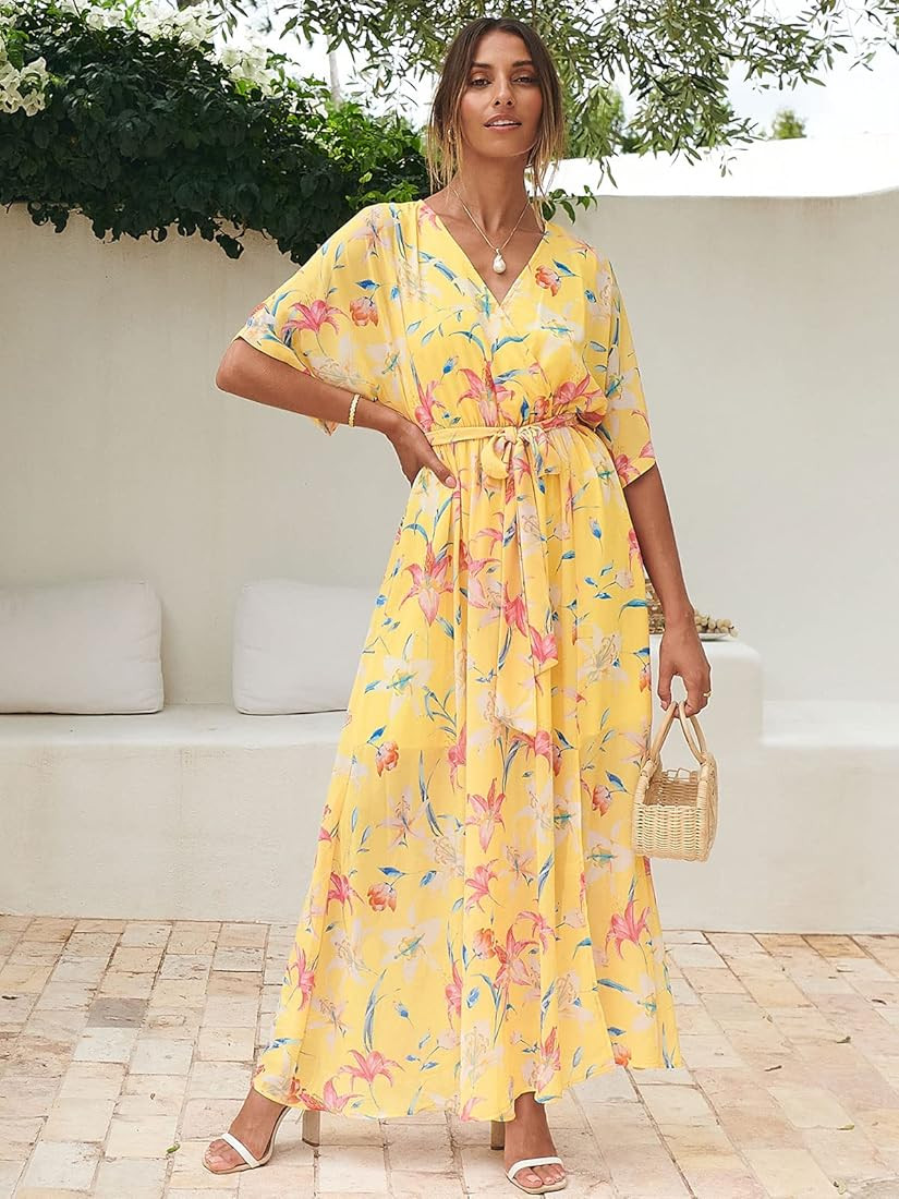ANRABESS Women’s Summer Loose Kimono Maxi Dress Wrap V Neck 3/4 Sleeve Floral Print Slit Long Dresse | Amazon (US)