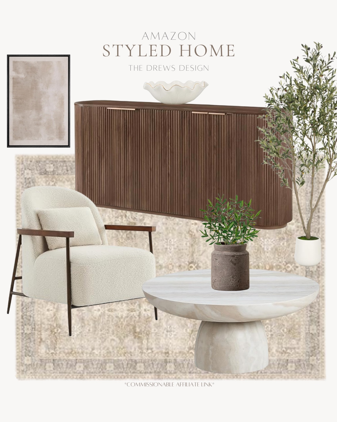 Styled home includes coffee table, vase, greenery stems, accent chair, area rug, wall art, faux tree, buffet, and decorative bowl.

Home decor, styled home, looks for less, neutral home

#LTKHome #LTKSeasonal #LTKSaleAlert