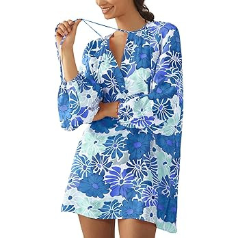 Boho Floral Tunic Dress for Women Long Sleeve Loose Fit Summer Vacation Cover Up Short Dress | Amazon (US)