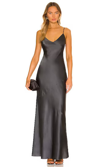 Serita Maxi V-Neck Bias Dress in Dark Graphite | Grey Dress | Gray Dress | Metallic Silver Dress | Revolve Clothing (Global)