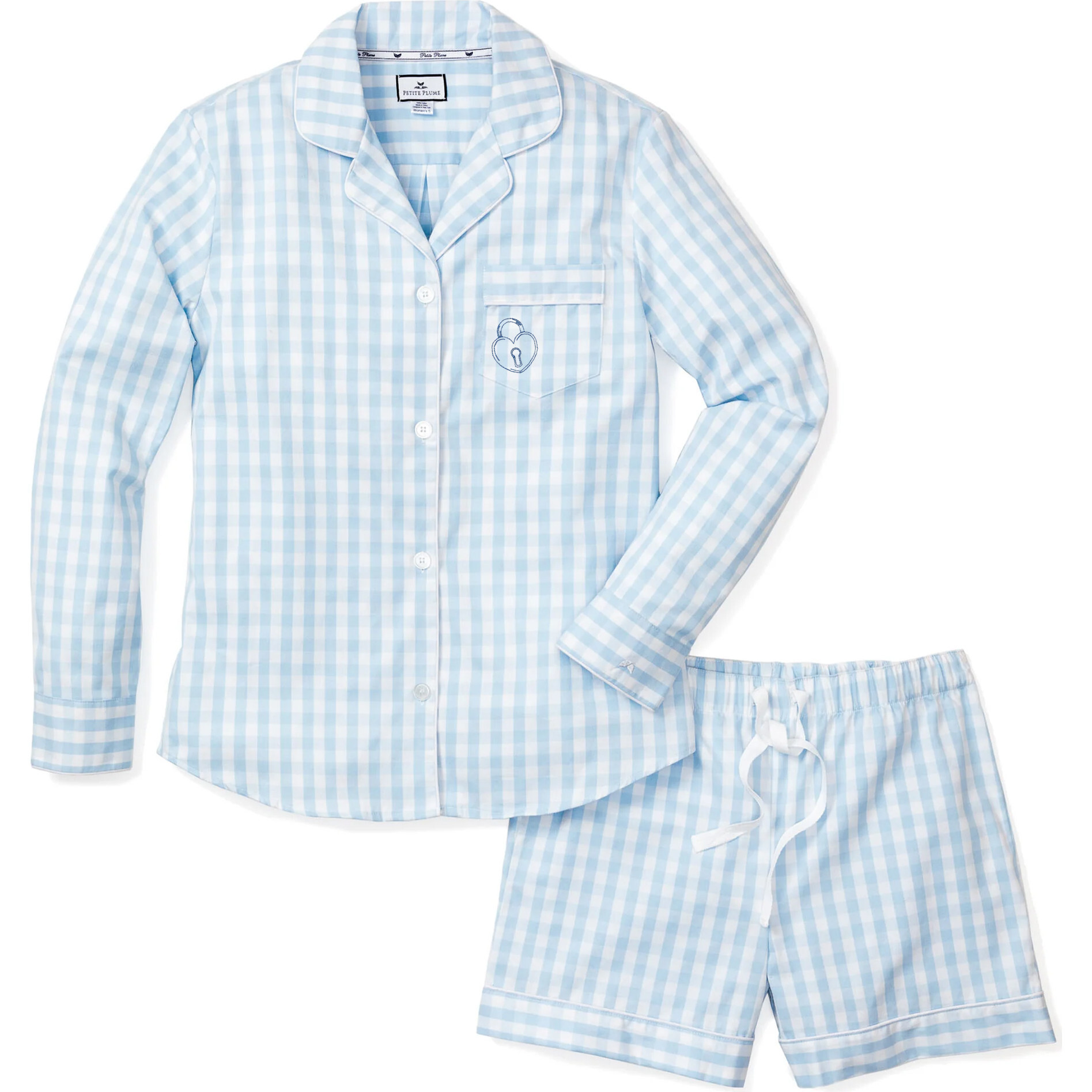 Petite Plume x Masionette Key To My Heart Embroidery Women's PJ Short Set, Light Blue Gingham | Maisonette