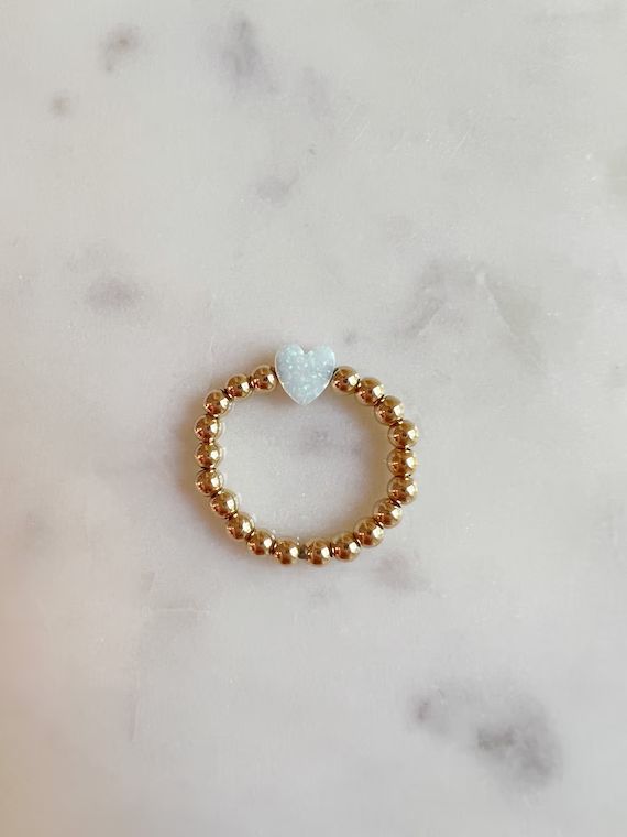 14k Gold Filled Beaded Ring  Opal Heart Bead  Stretchy Gold | Etsy | Etsy (US)