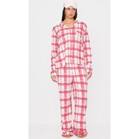 Cream Check Print Jersey Long Pj Set | PrettyLittleThing US